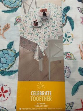 Celebrate Together Sea Turtle Summer Tablecloth 60x84 oblong in White and Teal